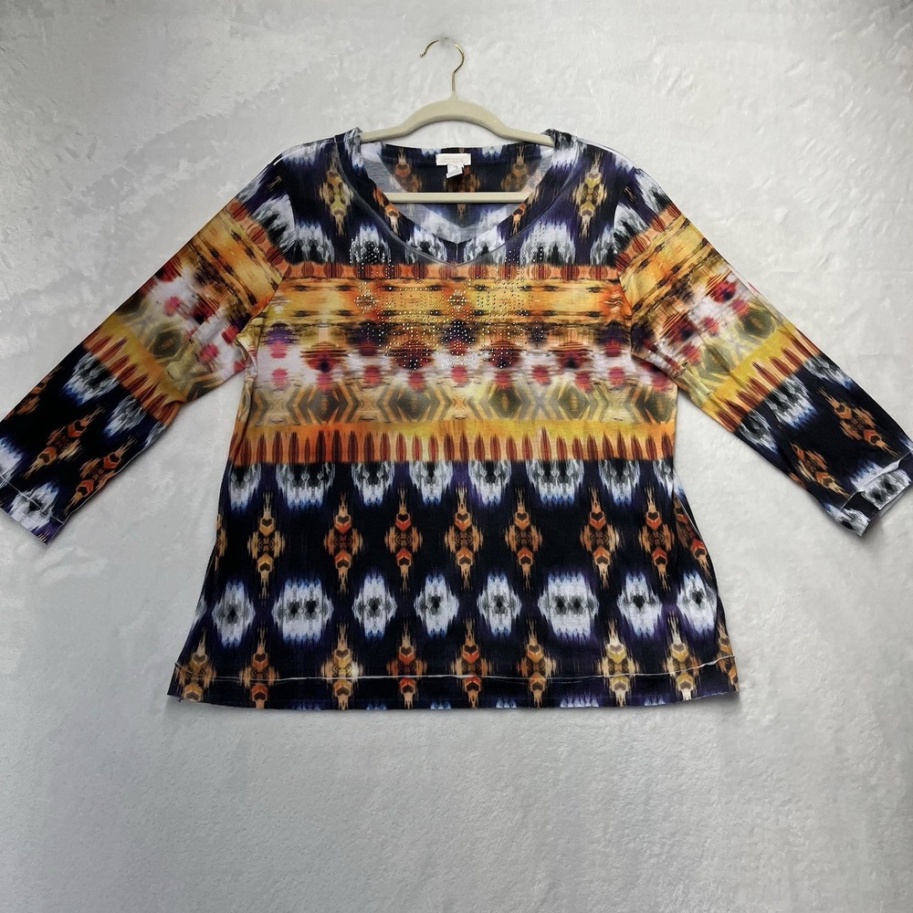 Chicos 3/4 Sleeve Top Women's Large/2 Geometric Rhinestone Embellished